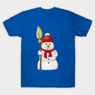 Cartoon style drawing of a funny snowman with a red bonnet and scarf T-Shirt